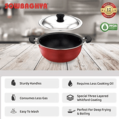 SOWBAGHYA Aluminium Non Stick Deep Kadai with Stainless Steel Lid (3 L, Red with Black) Deep Kadai with Glass Lid | Induction Kadai | Non Stick Kadai | Deep Fry Pan-3