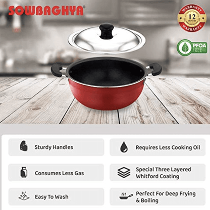 SOWBAGHYA एल्युमीनियम नॉन स्टिक डीप कड़ाही स्टेनलेस स्टील ढक्कन के साथ (3 लीटर, लाल और काला) ग्लास ढक्कन के साथ डीप कड़ाही | इंडक्शन कड़ाही | नॉन स्टिक कड़ाही | डीप फ्राई पैन 