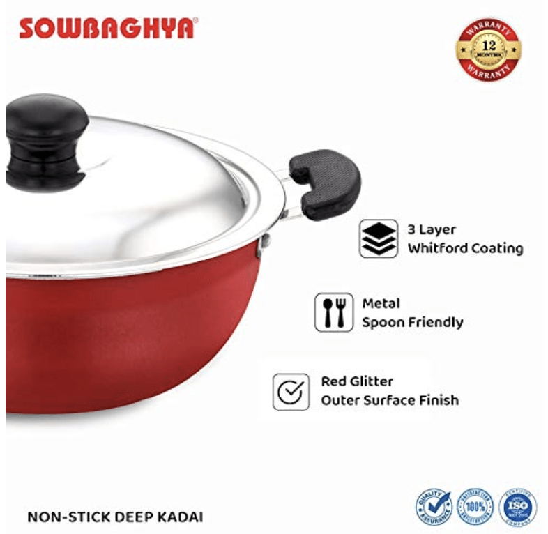 SOWBAGHYA एल्युमीनियम नॉन स्टिक डीप कड़ाही स्टेनलेस स्टील ढक्कन के साथ (3 लीटर, लाल और काला) ग्लास ढक्कन के साथ डीप कड़ाही | इंडक्शन कड़ाही | नॉन स्टिक कड़ाही | डीप फ्राई पैन 
