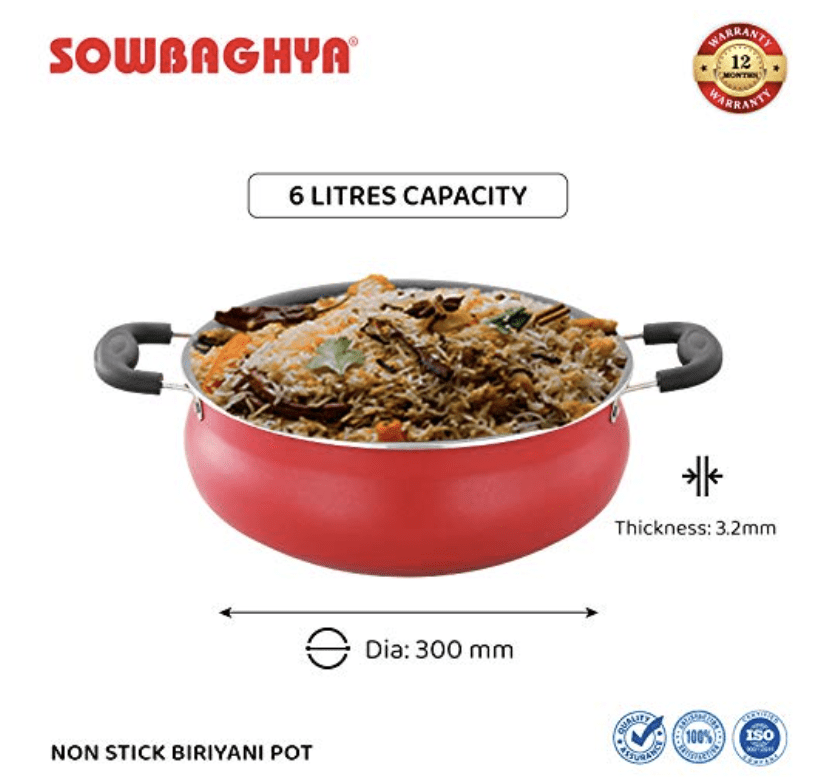 SOWBAGHYA Aluminium Biryani Pot with Lid, 6 L (Red) Handi | Patila | Bhagona | Tapeli with LID | Multipurpose Aluminium Cooking Utensils for Kitchen | Dishwasher Safe | Metal Spoon Friendly