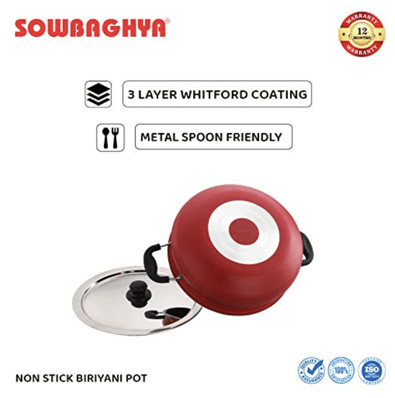 SOWBAGHYA Aluminium Biryani Pot with Lid, 6 L (Red) Handi | Patila | Bhagona | Tapeli with LID | Multipurpose Aluminium Cooking Utensils for Kitchen | Dishwasher Safe | Metal Spoon Friendly