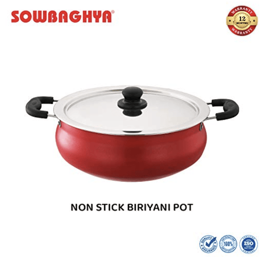 SOWBAGHYA Aluminium Biryani Pot with Lid, 6 L (Red) Handi | Patila | Bhagona | Tapeli with LID | Multipurpose Aluminium Cooking Utensils for Kitchen | Dishwasher Safe | Metal Spoon Friendly