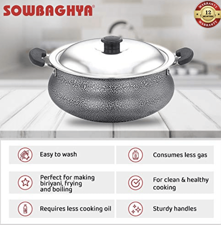 SOWBAGHYA Aluminium Biryani Pot with Lid, 3 Liters (Black) Handi, Patila, Bhagona, Tapeli with LID, Multipurpose Aluminium Cooking Utensil for Kitchen, Dishwasher Safe, Metal Spoon Friendly, Non-Stick