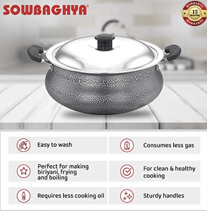 SOWBAGHYA Aluminium Biryani Pot with Lid, 3 Liters (Black) Handi, Patila, Bhagona, Tapeli with LID, Multipurpose Aluminium Cooking Utensil for Kitchen, Dishwasher Safe, Metal Spoon Friendly, Non-Stick