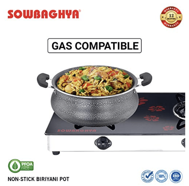 SOWBAGHYA Aluminium Biryani Pot with Lid, 3 Liters (Black) Handi, Patila, Bhagona, Tapeli with LID, Multipurpose Aluminium Cooking Utensil for Kitchen, Dishwasher Safe, Metal Spoon Friendly, Non-Stick