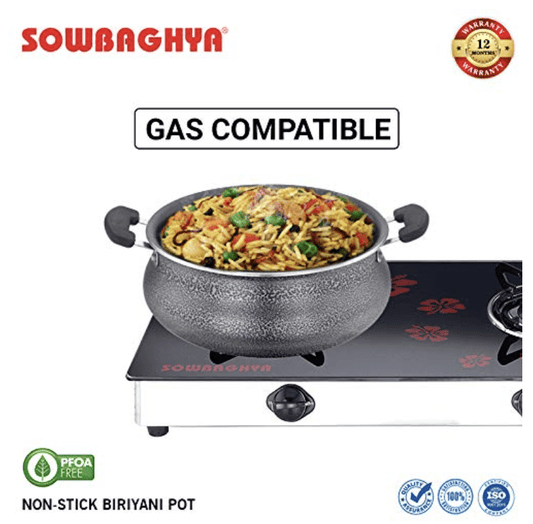 SOWBAGHYA Aluminium Biryani Pot with Lid, 3 Liters (Black) Handi, Patila, Bhagona, Tapeli with LID, Multipurpose Aluminium Cooking Utensil for Kitchen, Dishwasher Safe, Metal Spoon Friendly, Non-Stick