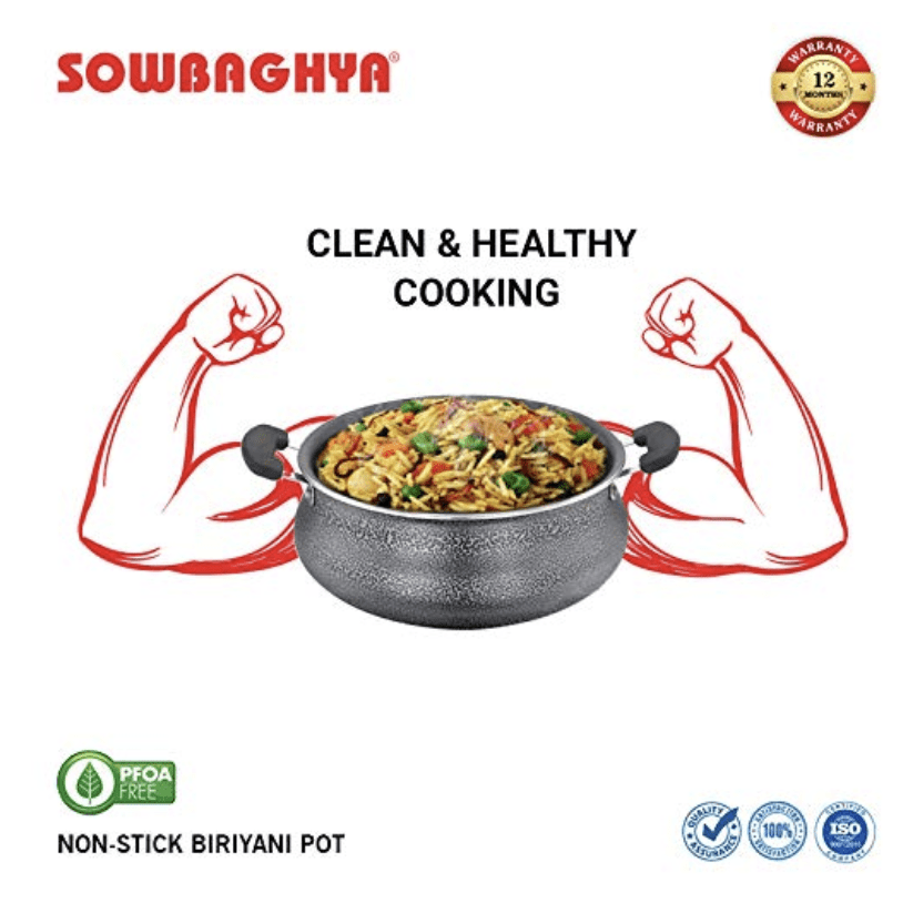 SOWBAGHYA Aluminium Biryani Pot with Lid, 3 Liters (Black) Handi, Patila, Bhagona, Tapeli with LID, Multipurpose Aluminium Cooking Utensil for Kitchen, Dishwasher Safe, Metal Spoon Friendly, Non-Stick