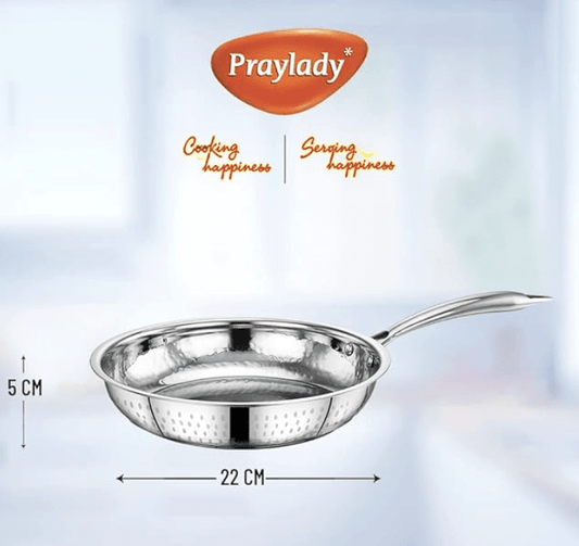 Praylady INOX 3+ Series Frypan | Stainless Steel Fry Pan 22 cm | Hammered Steel Frypan | Stainless Steel Cookware | Gas and Induction Compatible | Silver