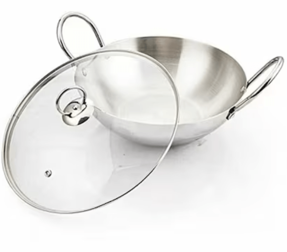 Praylady Triply Dura Plus Induction & Gas Compatible Stainless Steel Kadai/Wok with Glass Lid, 22 cm, Silver