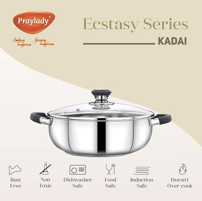 Praylady Ecstasy Series 3 Ply Base Kadai 24 cm | Stainless Steel Deep kadai with Glass Lid 3.0 L | Silver | Deep Kadai with See Through Lid | Deep Cooking |