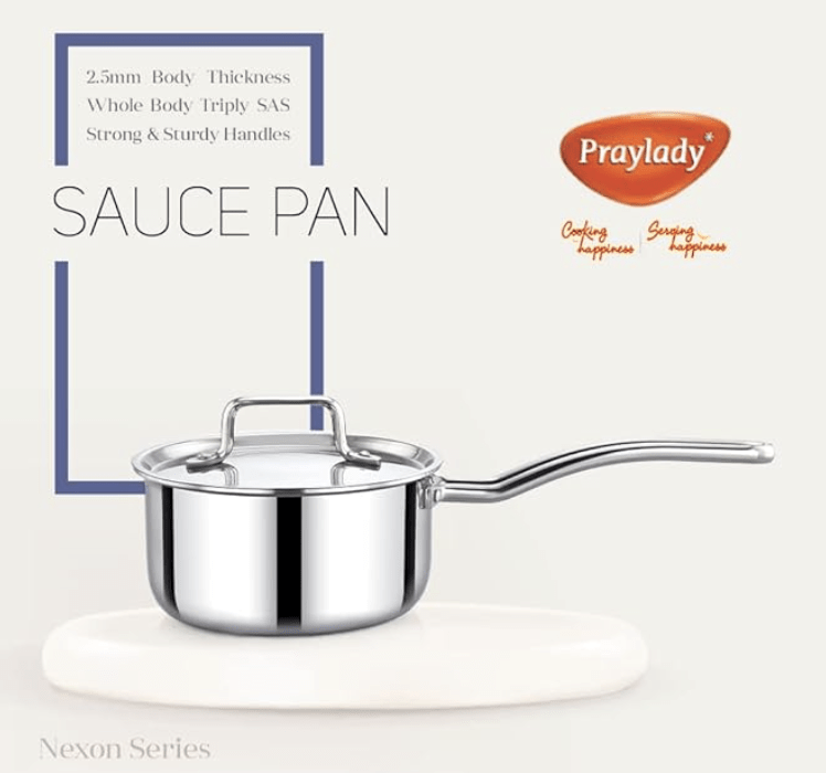 Praylady Nexon Series Triply Saucepan with Lid 18 cm | Saucepan with Tri ply Base | Sauce Pot with Stainless Steel Lid | Milk Pan with Lid | Gas and Induction Compatible | Silver
