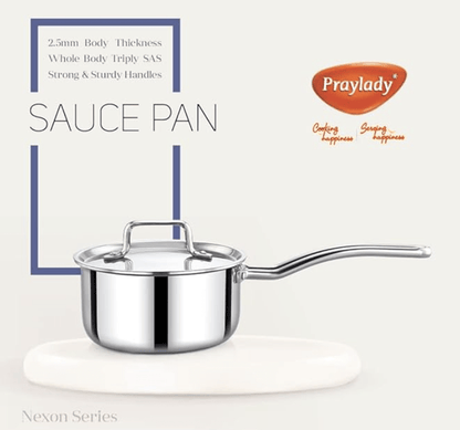 Praylady Nexon Series Triply Saucepan with Lid 18 cm | Saucepan with Tri ply Base | Sauce Pot with Stainless Steel Lid | Milk Pan with Lid | Gas and Induction Compatible | Silver