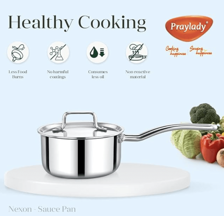 Praylady Nexon Series Triply Saucepan with Lid 18 cm | Saucepan with Tri ply Base | Sauce Pot with Stainless Steel Lid | Milk Pan with Lid | Gas and Induction Compatible | Silver-2