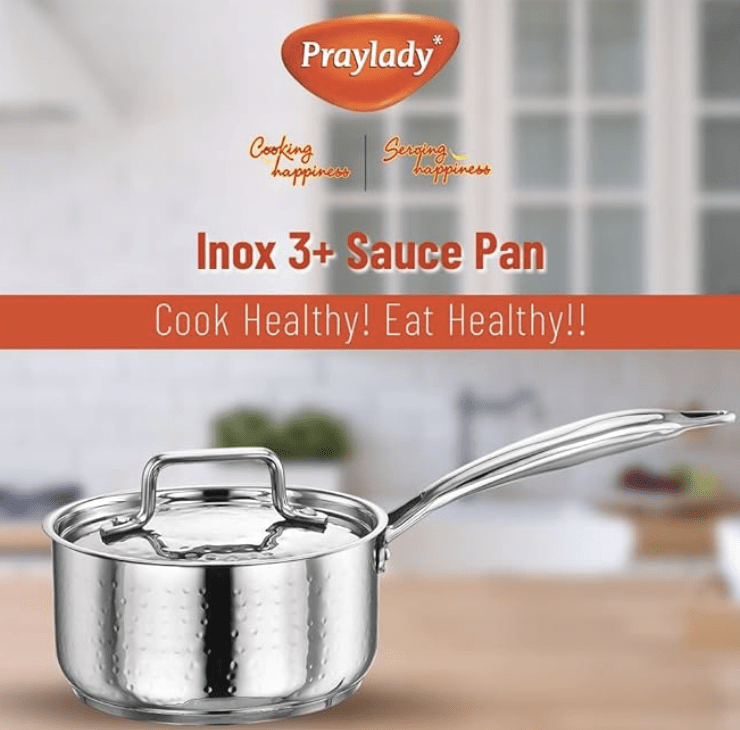 Praylady INOX 3+ Series Saucepan 16 cm | Hammered Saucepan with Thick Stainless Steel Base | Sauce Pot with Stainless Steel Lid | Milk Pan with Lid | Gas and Induction Compatible | Silver