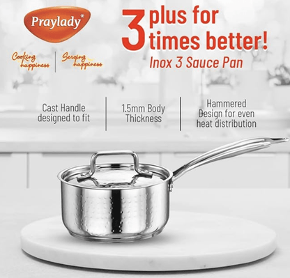 Praylady INOX 3+ Series Saucepan 16 cm | Hammered Saucepan with Thick Stainless Steel Base | Sauce Pot with Stainless Steel Lid | Milk Pan with Lid | Gas and Induction Compatible | Silver