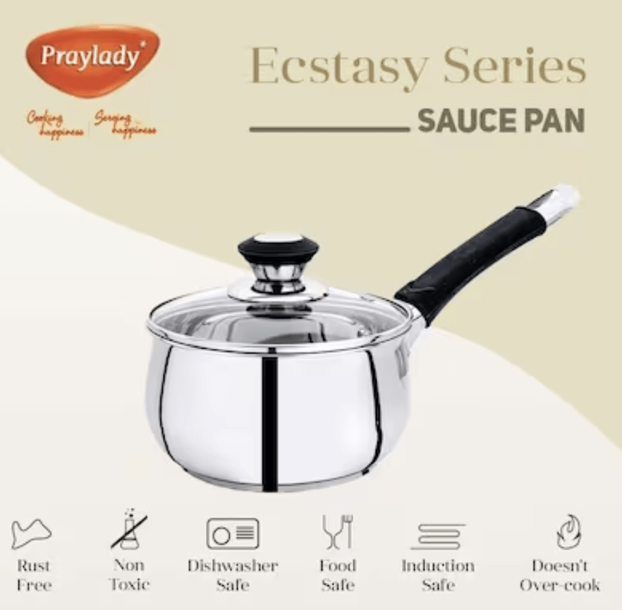 Praylady Ecstasy Series 3 Ply Base Sauce Pan 18 cm | Stainless Steel Sauce Pan with Glass Lid | 2.8 litres Capacity | Induction and Gas Stove Friendly | Milk Pan with Lid |