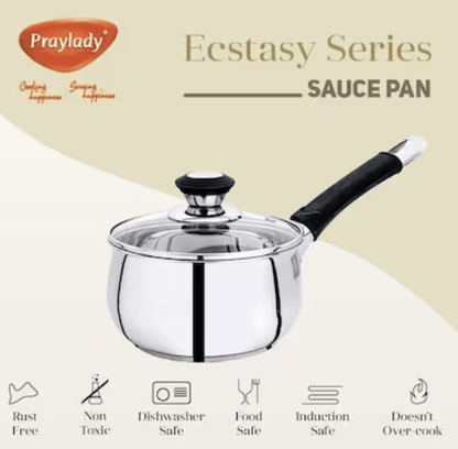 Praylady Ecstasy Series 3 Ply Base Sauce Pan 18 cm | Stainless Steel Sauce Pan with Glass Lid | 2.8 litres Capacity | Induction and Gas Stove Friendly | Milk Pan with Lid |