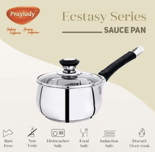 Praylady Ecstasy Series 3 Ply Base Sauce Pan 18 cm | Stainless Steel Sauce Pan with Glass Lid | 2.8 litres Capacity | Induction and Gas Stove Friendly | Milk Pan with Lid |