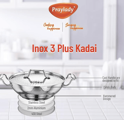 பிரேலேடி ஐநாக்ஸ் 3+ சீரிஸ் கடாய் - 26 செ.மீ | 3.0 லிட்டர் | கடாய் கூடுதல் ஆழம் | எஸ்எஸ் மூடியுடன் கூடிய சுத்தியல் செய்யப்பட்ட ஸ்டெயின்லெஸ் ஸ்டீல் கடாய் | பிளாட் இண்டக்ஷன் பாட்டம் கடாய் | இண்டக்ஷன் &amp; கேஸ் ஸ்டவ் ஃப்ரெண்ட்லி | சில்வர் 