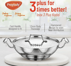 Praylady INOX 3+ Series Kadai - 26CM | 3.0 litres | Kadhai Extra Deep | Hammered Stainless Steel Kadai with SS Lid | Flat Induction Bottom Kadai | Induction & Gas Stove Friendly | Silver-2