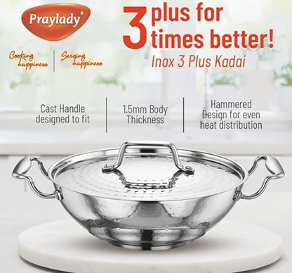 பிரேலேடி ஐநாக்ஸ் 3+ சீரிஸ் கடாய் - 26 செ.மீ | 3.0 லிட்டர் | கடாய் கூடுதல் ஆழம் | எஸ்எஸ் மூடியுடன் கூடிய சுத்தியல் செய்யப்பட்ட ஸ்டெயின்லெஸ் ஸ்டீல் கடாய் | பிளாட் இண்டக்ஷன் பாட்டம் கடாய் | இண்டக்ஷன் &amp; கேஸ் ஸ்டவ் ஃப்ரெண்ட்லி | சில்வர் 