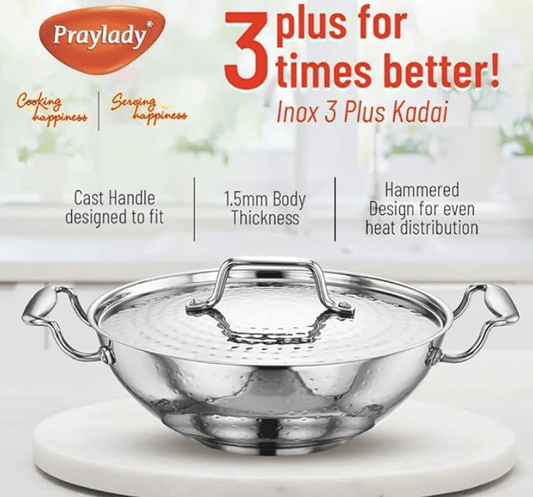 Praylady INOX 3+ Series Kadai - 26CM | 3.0 litres | Kadhai Extra Deep | Hammered Stainless Steel Kadai with SS Lid | Flat Induction Bottom Kadai | Induction & Gas Stove Friendly | Silver