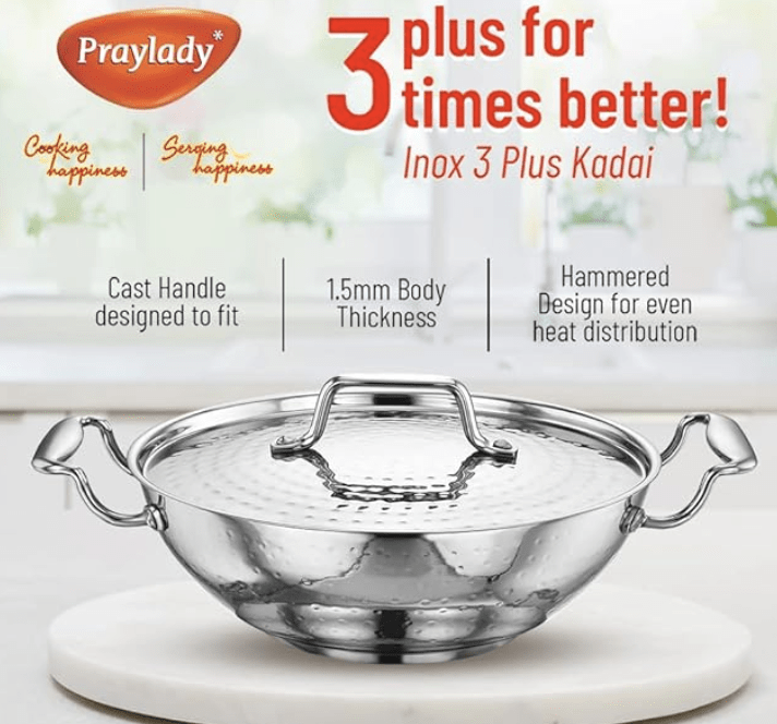 Praylady INOX 3+ Series Kadai - 26CM | 3.0 litres | Kadhai Extra Deep | Hammered Stainless Steel Kadai with SS Lid | Flat Induction Bottom Kadai | Induction & Gas Stove Friendly | Silver-2