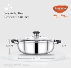 Praylady Ecstasy Series 3 Ply Base Kadai 24 cm | Stainless Steel Deep kadai with Glass Lid 3.0 L | Silver | Deep Kadai with See Through Lid | Deep Cooking |-1