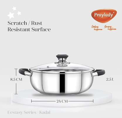 Praylady Ecstasy Series 3 Ply Base Kadai 24 cm | Stainless Steel Deep kadai with Glass Lid 3.0 L | Silver | Deep Kadai with See Through Lid | Deep Cooking |