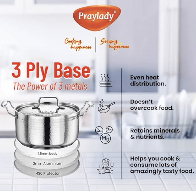 Praylady INOX 3+ Series Cooking Pot 22 cm | Hammered Cooking Pot with Lid | Cooking Kadai for Induction Base and Gas Stove | Deep Kadhai with Lid | Stainless Steel Cookware | Silver