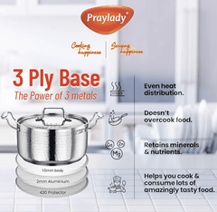 Praylady INOX 3+ Series Cooking Pot 22 cm | Hammered Cooking Pot with Lid | Cooking Kadai for Induction Base and Gas Stove | Deep Kadhai with Lid | Stainless Steel Cookware | Silver-3