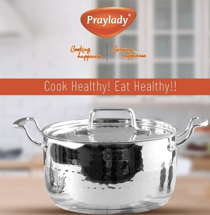 Praylady INOX 3+ Series Cooking Pot 22 cm | Hammered Cooking Pot with Lid | Cooking Kadai for Induction Base and Gas Stove | Deep Kadhai with Lid | Stainless Steel Cookware | Silver