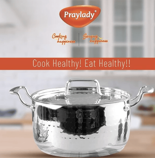 Praylady INOX 3+ Series Cooking Pot 22 cm | Hammered Cooking Pot with Lid | Cooking Kadai for Induction Base and Gas Stove | Deep Kadhai with Lid | Stainless Steel Cookware | Silver