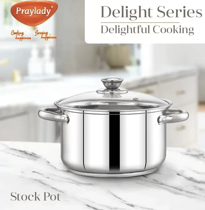 Delight Series 3 Ply Base Stockpot 24 cm | Stainless Steel Stockpot with Glass Lid | 4.9 litres Capacity | Induction and Gas Stove Friendly | Cook & Serve Bowl |-1