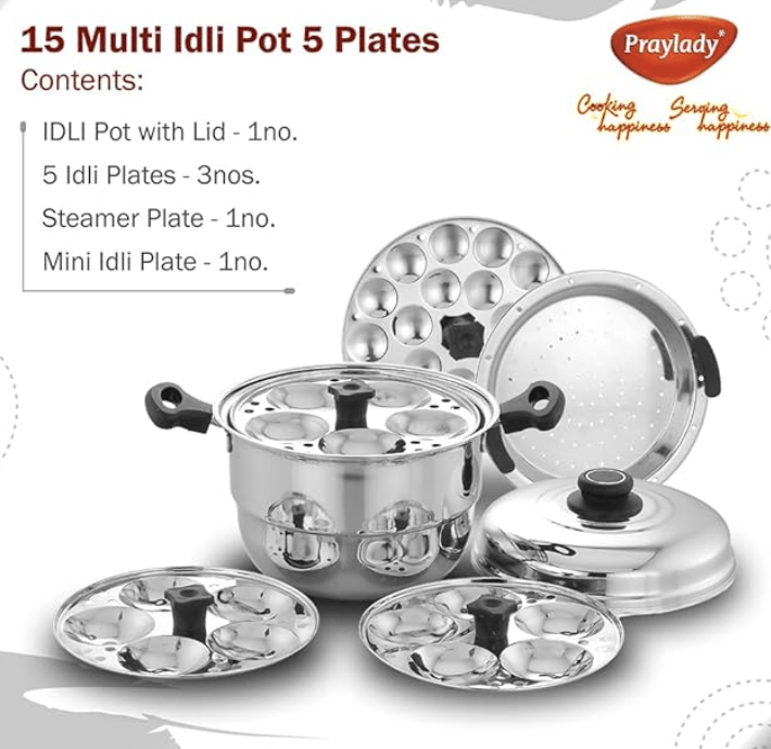 Praylady Multi Idli Pot With Stainless Steel Lid | Multi - Kadai | Idli Pot With Lid | Multi-Purpose Idly Pot | Gas And Induction Compatible (15 Multi Idli Pot)