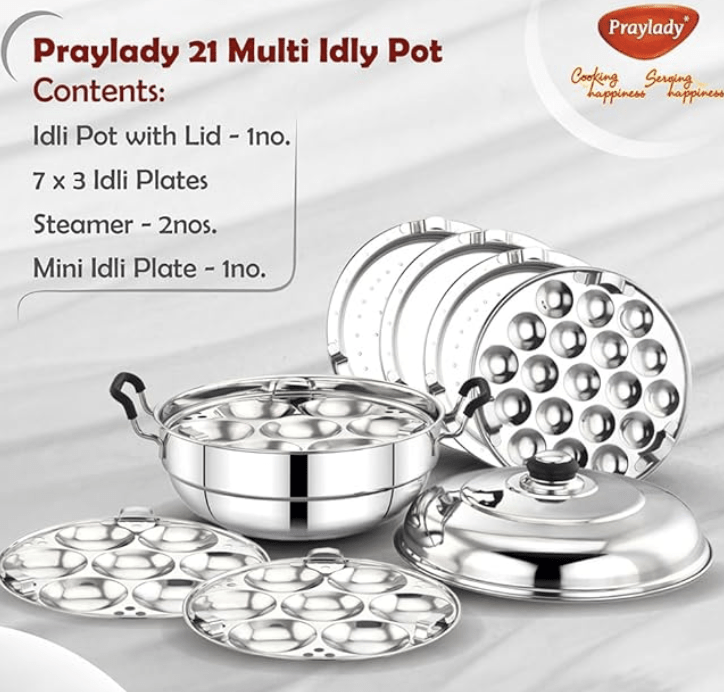 Praylady Multi Idli Pot With Stainless Steel Lid | Multi - Kadai | Idli Pot With Lid | Multi-Purpose Idly Pot | Gas And Induction Compatible (21 Multi Idli Pot)