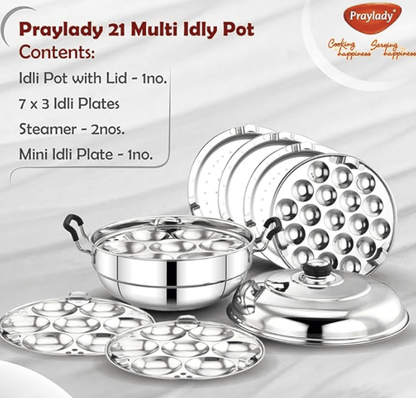 Praylady Multi Idli Pot With Stainless Steel Lid | Multi - Kadai | Idli Pot With Lid | Multi-Purpose Idly Pot | Gas And Induction Compatible (21 Multi Idli Pot)