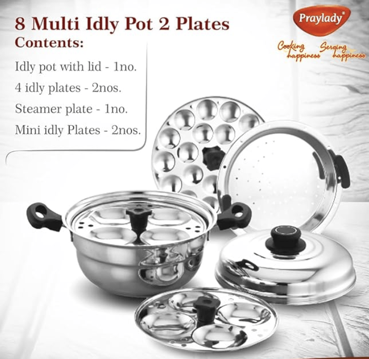 Praylady Multi Idli Pot With Stainless Steel Lid | Multi - Kadai | Idli Pot With Lid | Multi-Purpose Idly Pot | Gas And Induction Compatible (8 Multi Idli Pot)