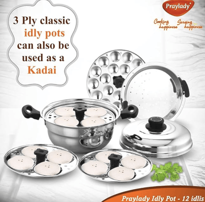 Praylady Multi Idli Pot With Stainless Steel Lid | Multi - Kadai | Idli Pot With Lid | Multi-Purpose Idly Pot | Gas And Induction Compatible (12 Multi Idli Pot)