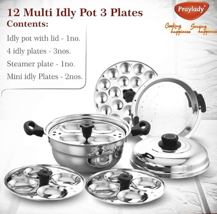 Praylady Multi Idli Pot With Stainless Steel Lid | Multi - Kadai | Idli Pot With Lid | Multi-Purpose Idly Pot | Gas And Induction Compatible (12 Multi Idli Pot)