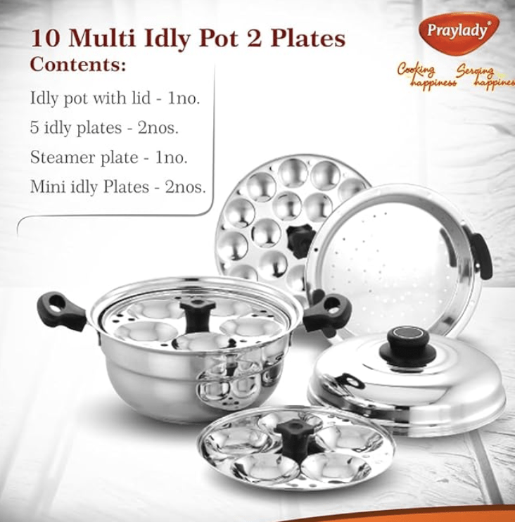 Praylady Multi Idli Pot With Stainless Steel Lid | Multi - Kadai | Idli Pot With Lid | Multi-Purpose Idly Pot | Gas And Induction Compatible (10 Multi Idli Pot)