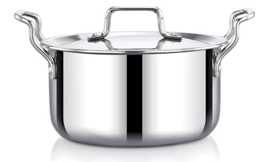 Praylady Nexon Series Triply Stock Pot with Lid | Triply Stainless Steel | Stock Pot with Lid | Size - 20 CM | Stainless Steel Lid | Suitable for All Induction & Gas Compatible | Silver