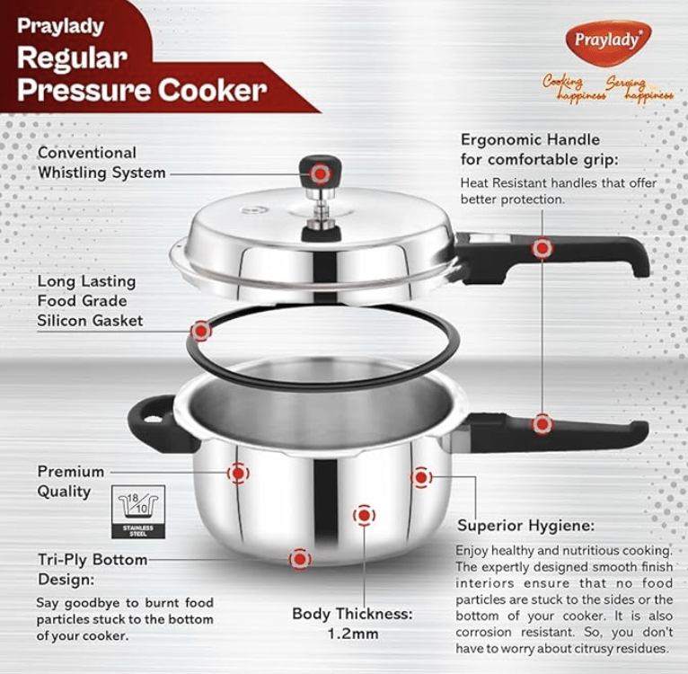 Praylady 3 PLY Base Pressure Cooker - 1.5 Litres | 1.2 mm Body Thickness | Stainless Steel Pressure Cooker with Outer Lid | Gas and Induction Compatible Pressure Cooker | ISI Certified