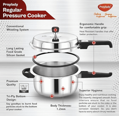 Praylady 3 PLY Base Pressure Cooker - 1.5 Litres | 1.2 mm Body Thickness | Stainless Steel Pressure Cooker with Outer Lid | Gas and Induction Compatible Pressure Cooker | ISI Certified