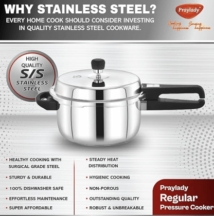 Praylady 3 PLY Base Pressure Cooker - 1.5 Litres | 1.2 mm Body Thickness | Stainless Steel Pressure Cooker with Outer Lid | Gas and Induction Compatible Pressure Cooker | ISI Certified