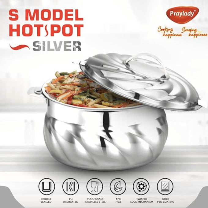 பிரேலேடி எஸ்-மாடல் ஹாட்பாட் ப்ளைன் சில்வர் | சிறந்த தோற்றத்தை அளிக்கும் எக்ஸோடிக் டிசைன் | ஸ்டீல் மூடியுடன் கூடிய இன்சுலேட்டட் ஸ்டெயின்லெஸ் ஸ்டீல் கேசரோல் | ஹாட் பாட் சர்விங் கேசரோல்கள்/சப்பாத்தி பாக்ஸ்/ஹாட் கேஸ் (3500 மிலி) 