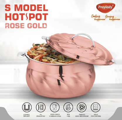 PRAY-LADY Praylady S-Model Hotpot Rose Gold | சிறந்த தோற்றத்தை அளிக்கும் எக்ஸாடிக் டிசைன் | ஸ்டீல் மூடியுடன் கூடிய இன்சுலேட்டட் ஸ்டெயின்லெஸ் ஸ்டீல் கேசரோல் | ஹாட் பாட் சர்விங் கேசரோல்கள்/சப்பாத்தி பாக்ஸ்/ஹாட் கேஸ் (1500 ML) 