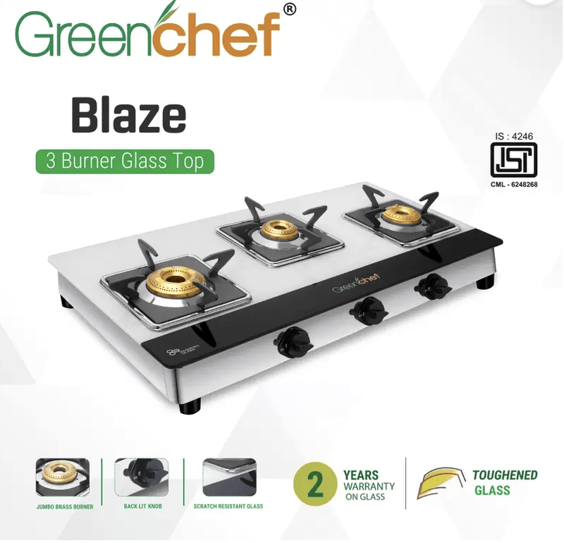 Greenchef Blaze JUMBO Burner Glass Manual Gas Stove  (3 Burners)-2