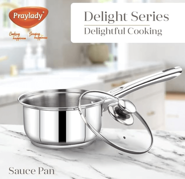 Praylady Delight Series 3 Ply Base Saucepan 16 cm | Stainless Steel Sauce Pan with Glass Lid | 1.0 litres Capacity | Induction and Gas Stove Friendly | Milk Pan with Lid |