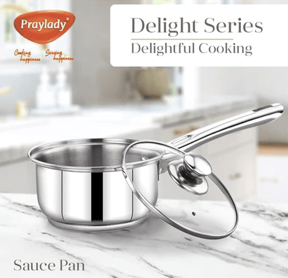 Praylady Delight Series 3 Ply Base Saucepan 16 cm | Stainless Steel Sauce Pan with Glass Lid | 1.0 litres Capacity | Induction and Gas Stove Friendly | Milk Pan with Lid |